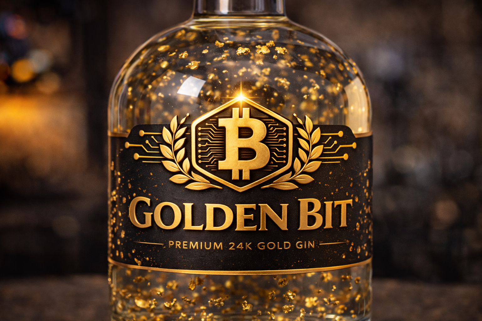 GoldenBit Premium 24K Gold Gin bottle with gold flakes